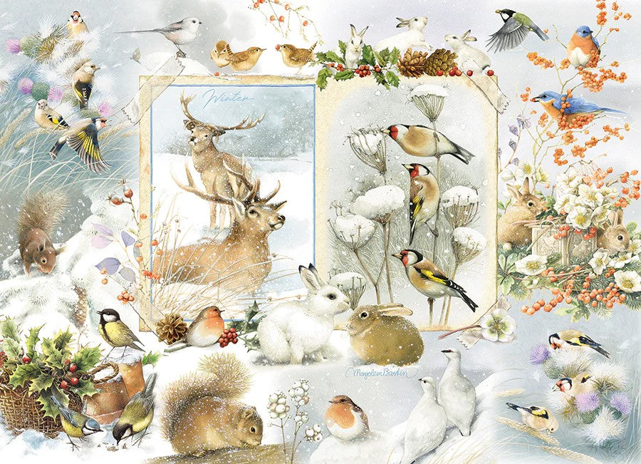 Cobble Hill jigsaw puzzle Winter scene with deer, birds, and other animals surrounded by snow and foliage.
