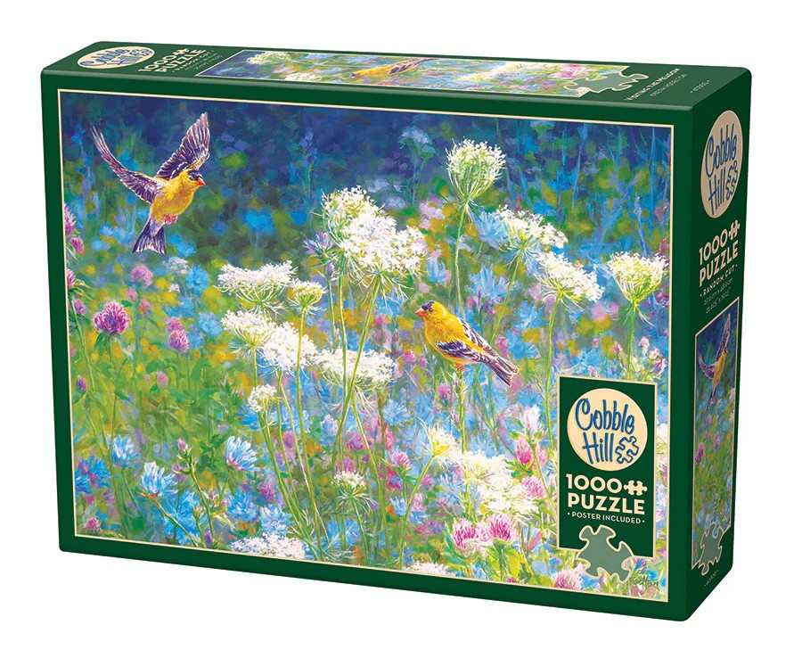 1000-piece Jigsaw puzzle box with a colorful design of birds and flowers, featuring the brand 'Cobble Hill'.