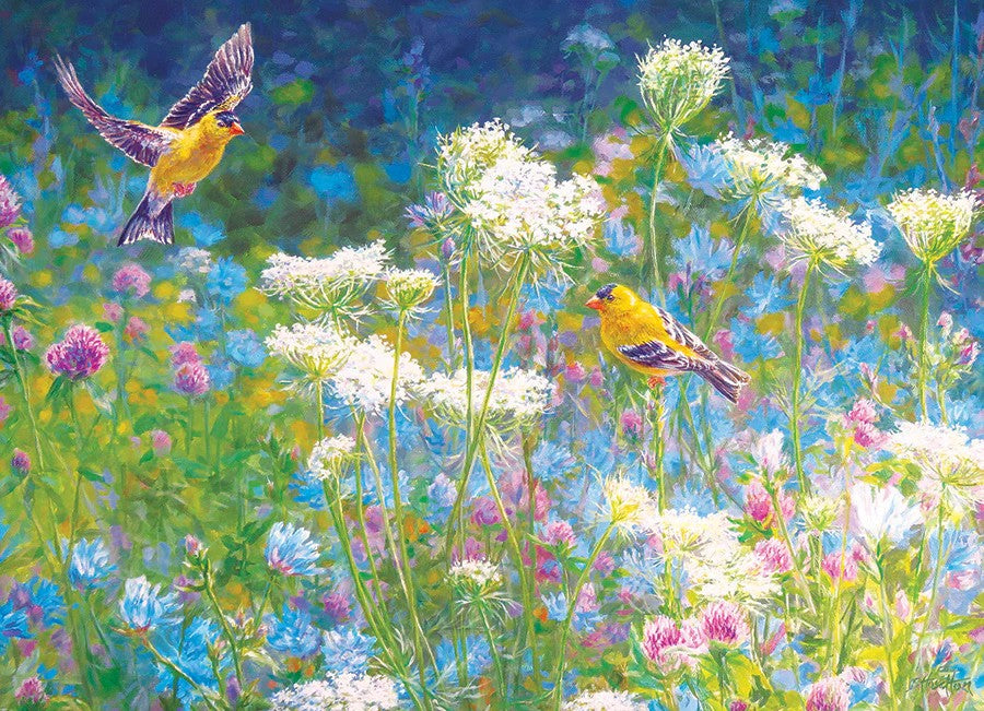 Cobble Hill 1000-piece jigsaw puzzle of Two birds in a colorful field of flowers