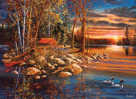 Cobble Hill 1000-piece jigsaw puzzle of a Scene at the lake with a tent, canoe, and ducks at sunset.