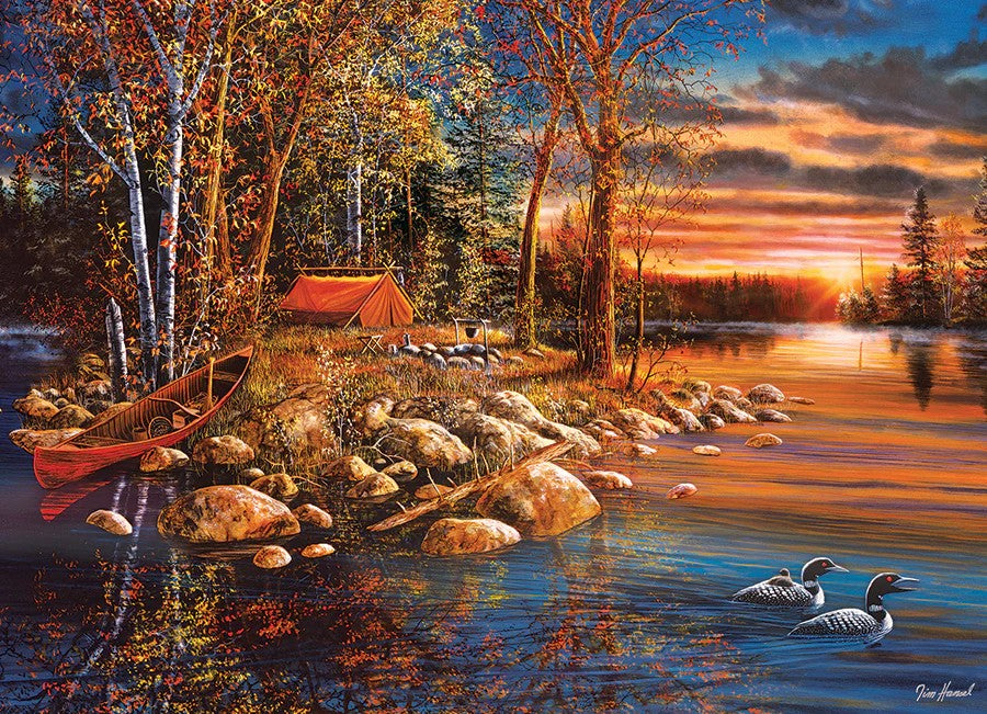Cobble Hill 1000-piece jigsaw puzzle of a Scene at the lake with a tent, canoe, and ducks at sunset.