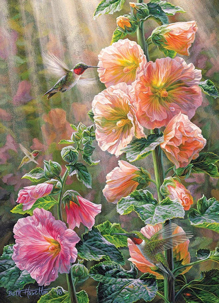 Cobble Hill "After the Rain" 1000-piece jigsaw puzzle of hummingbirds and flowers