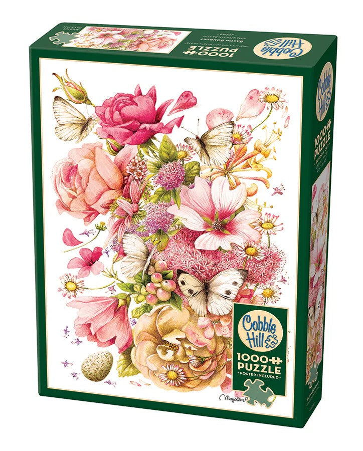 Cobble Hill 1000-piece jigsaw puzzle box with floral design and butterflies