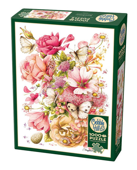 Cobble Hill 1000-piece jigsaw puzzle box with floral design and butterflies