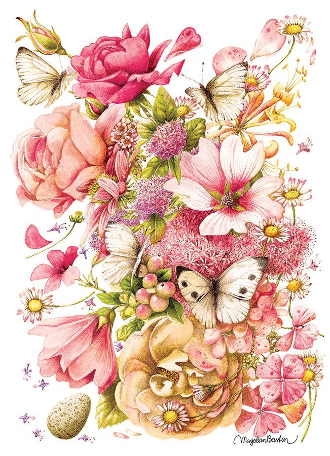 Cobble Hill 1000-piece jigsaw puzzle of Colorful floral arrangement with pink roses, butterflies, and various flowers 