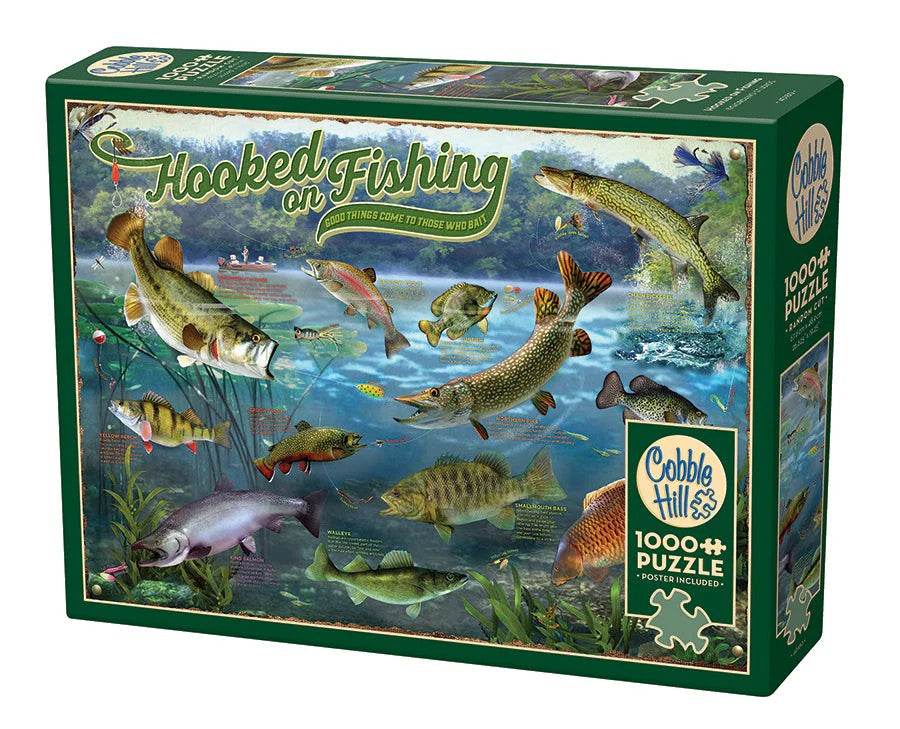 Cobble Hill 1000-piece jigsaw puzzle box featuring various fish illustrations on a white background