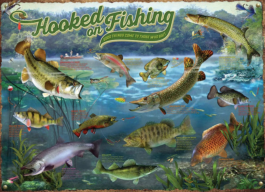 Cobble Hill 1000-piece jigsaw puzzle of various fish species with a 'Hooked on Fishing' title.