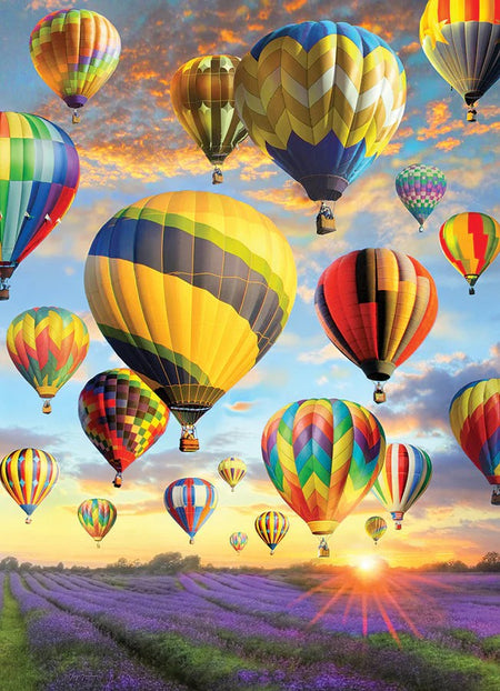 Cobble Hill jigsaw puzzle of Colorful hot air balloons floating in the sky over a lavender field at sunset.