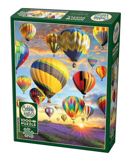 Cobble Hill 1000-piece jigsaw puzzle box with colorful hot air balloons and a sunset scene.