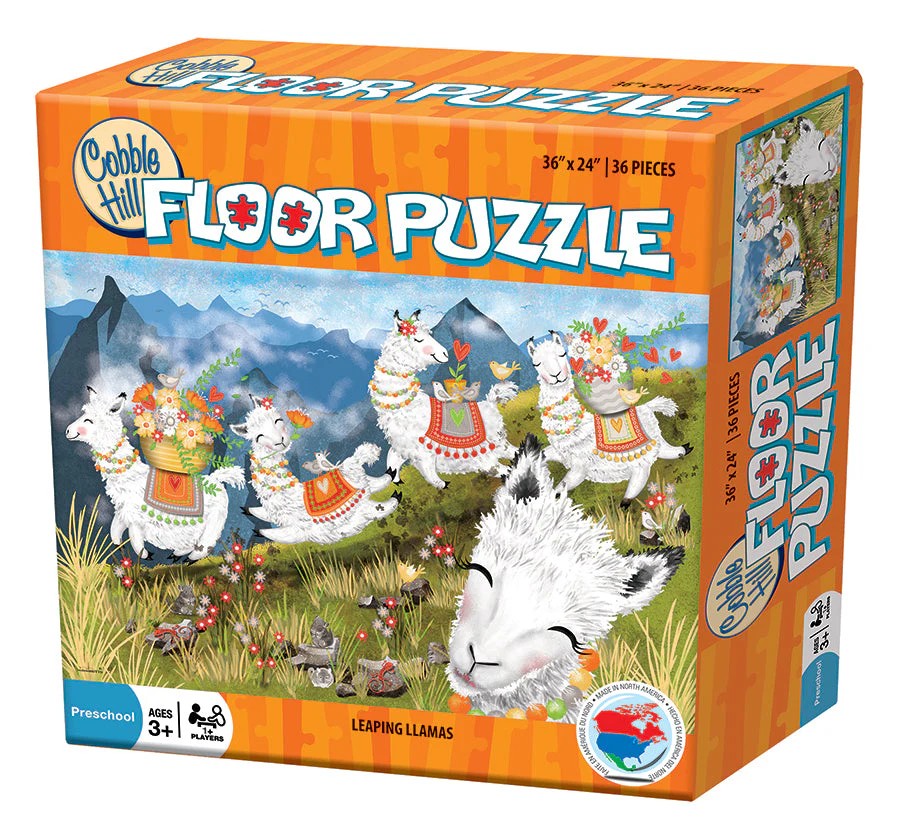 Cobble Hill Leaping Llamas 36-piece floor jigsaw puzzle packaging on a white background