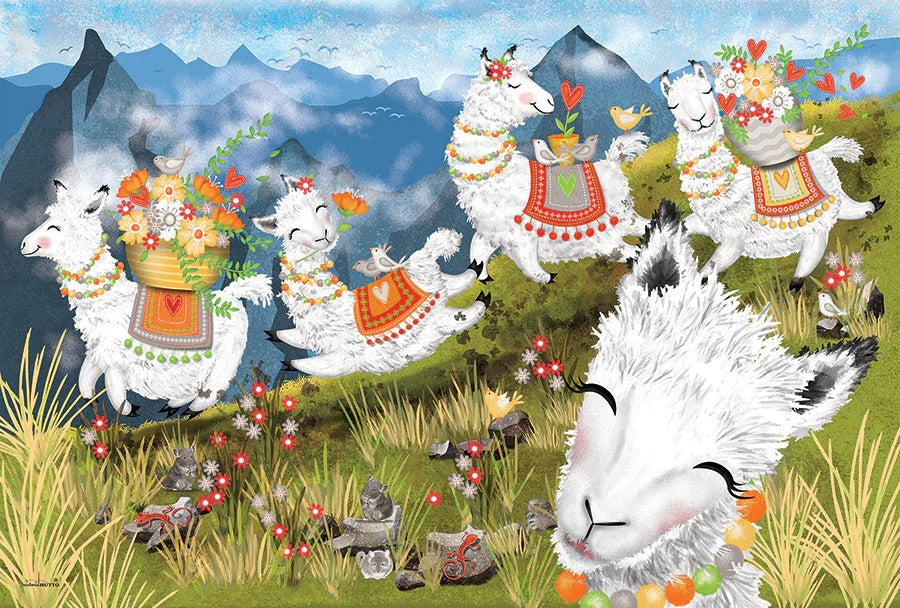 Cobble Hill children's jigsaw puzzle of llamas in a mountainous landscape with flowers and decorations.