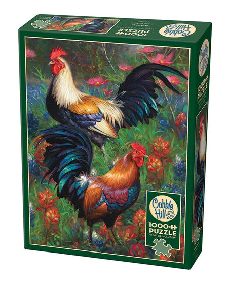 Cobble Hill 1000-piece jigsaw puzzle box with two roosters in a colorful garden design.