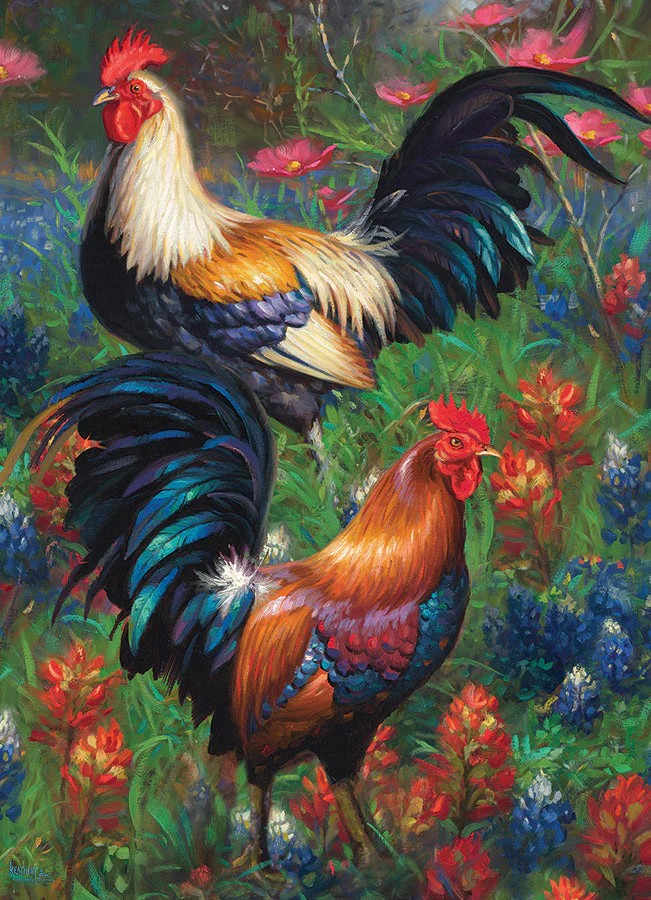 Cobble Hill 1000-piece jigsaw puzzle of Two roosters in a colorful floral garden