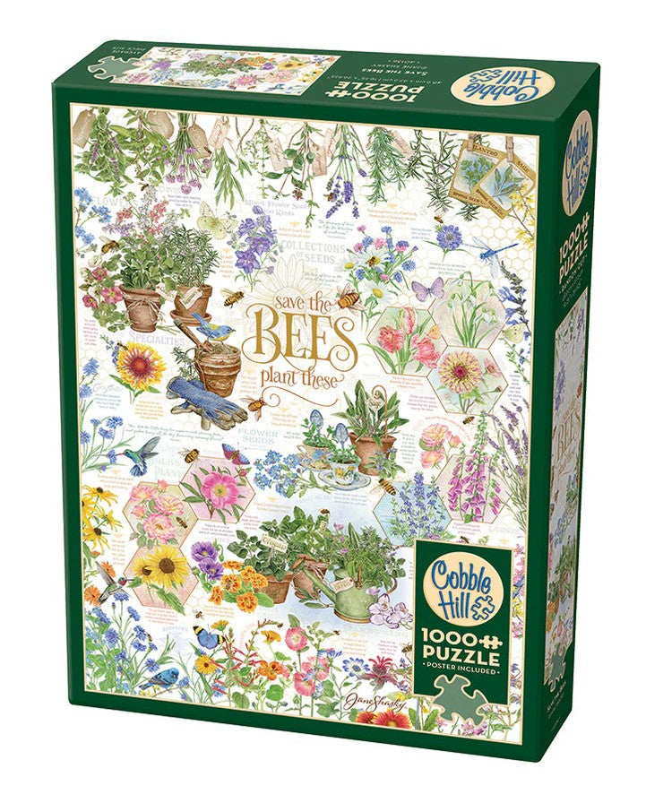 Cobble Hill 1000-piece jigsaw puzzle box with floral and plant design, featuring 'Save the Bees' text.