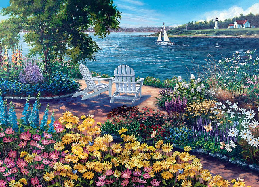 Cobble Hill jigsaw puzzle Seaside scene with white Adirondack chairs by a body of water with sailboats and a lighthouse.