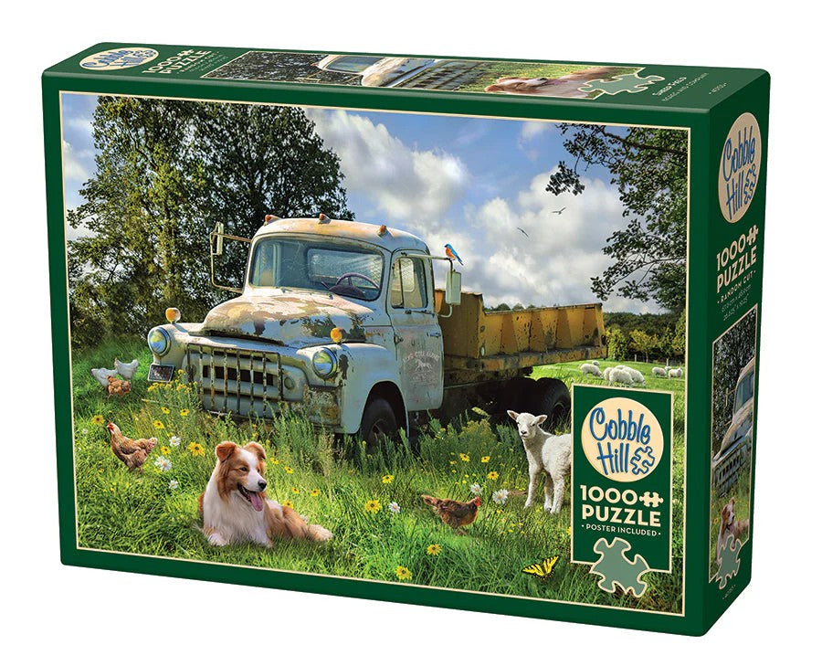 Cobble Hill 1000-piece jigsaw puzzle box featuring a truck and animals in a field