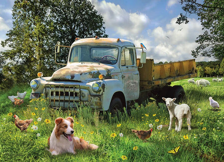 Cobble Hill 1000-piece jigsaw puzzle of Vintage truck in a pastoral scene with animals and flowers