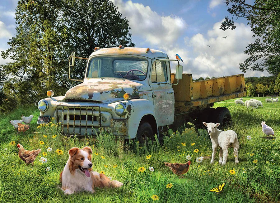 Cobble Hill 1000-piece jigsaw puzzle of Vintage truck in a pastoral scene with animals and flowers