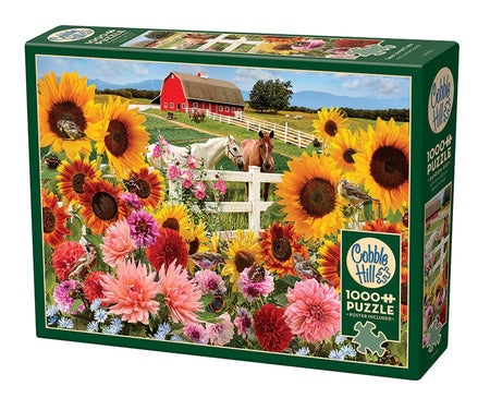 Cobble Hills 1000-piece jigsaw puzzle box with a farm and sunflower design.