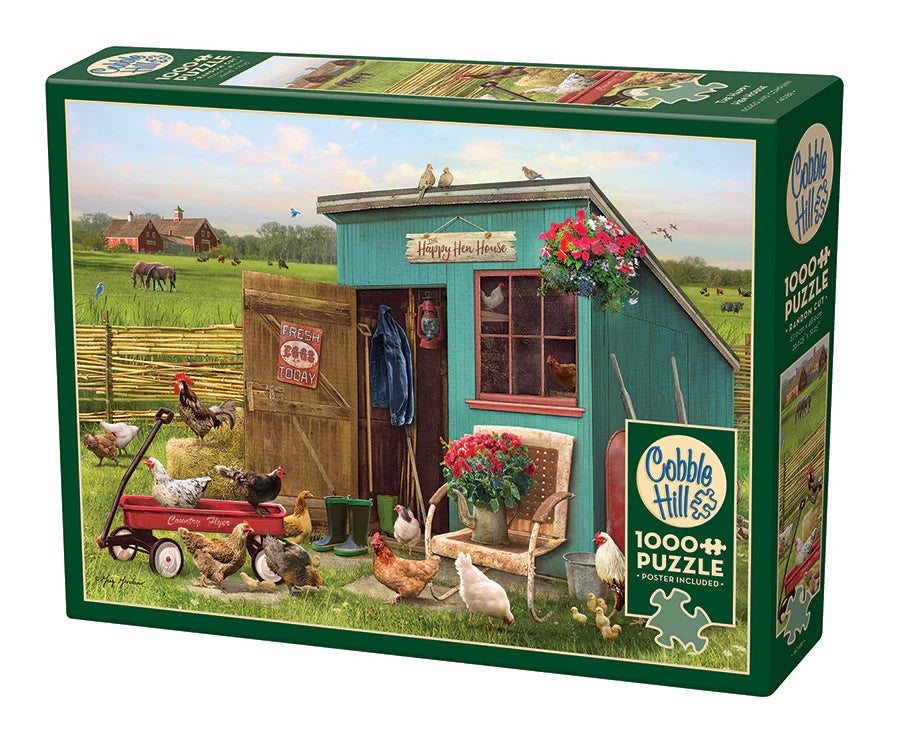 Cobble Hill 1000-piece jigsaw puzzle box featuring a farm scene with a chicken coop and animals.