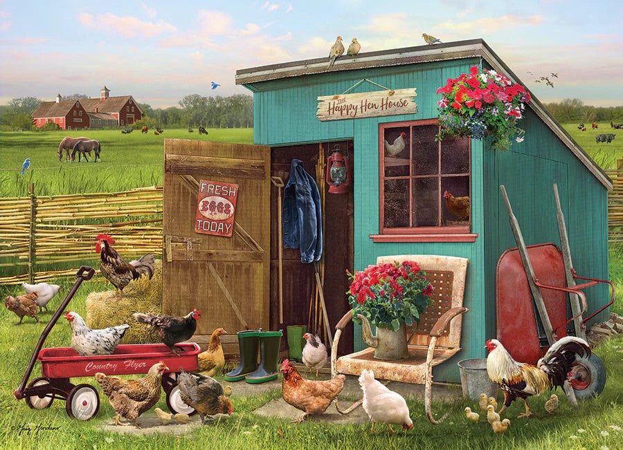 Cobble Hill Farm 1000-piece jigsaw puzzle scene with a green shed, chickens, and a red wagon on a grassy field.