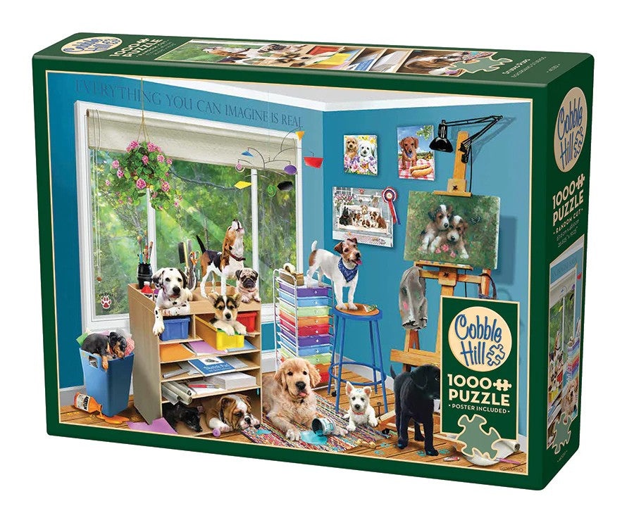 Cobble Hill jigsaw puzzle box with illustration of dogs in a studio and '1000 Piece Puzzle' text.