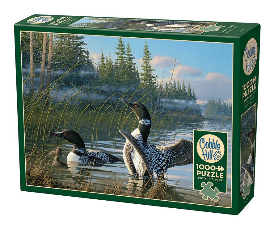 Cobble Hill 1000-piece jigsaw puzzle box with loons on a lake scene
