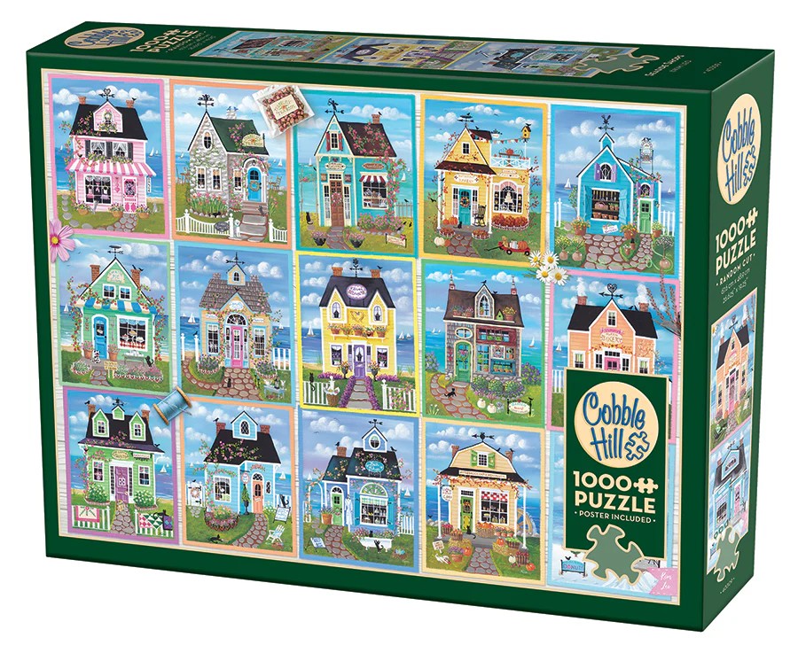 Cobble Hill puzzle box with colorful illustrations of houses on a white background