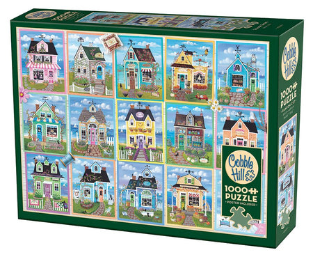 Cobble Hill puzzle box with colorful illustrations of houses on a white background