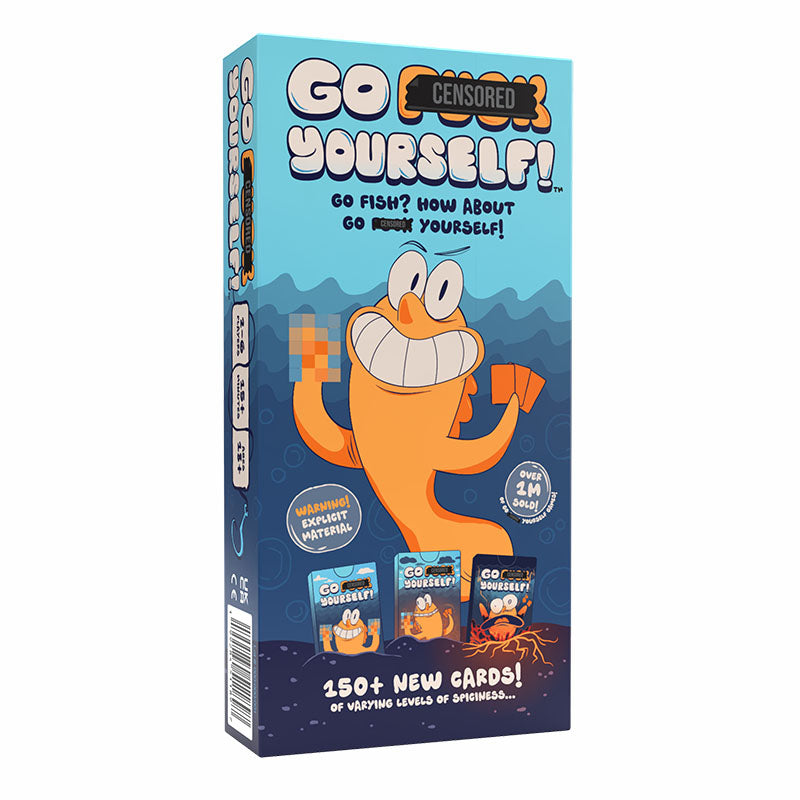 Card game box with cartoon character and humorous explicit text "go f yourself" on a blue background