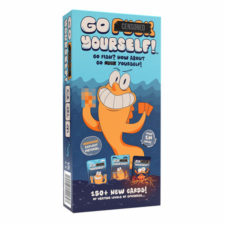 Card game box with cartoon character and humorous explicit text "go f yourself" on a blue background