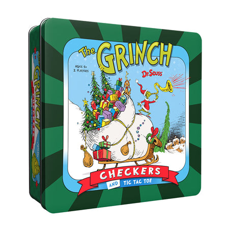 USAopoly The Grinch Checkers and Tic Tac Toe game in a square tin box with a green and dark green striped border and a colorful front cover illustration featuring The Grinch, Christmas trees, gifts, and a snowman.