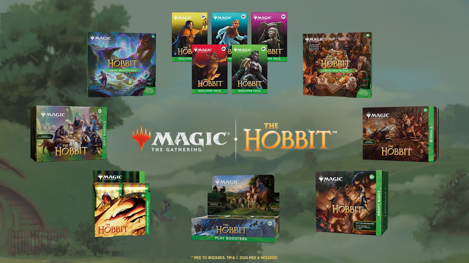 Collection of 'The Hobbit' and 'Magic: The Gathering' game boxes on a green background with tree silhouettes.