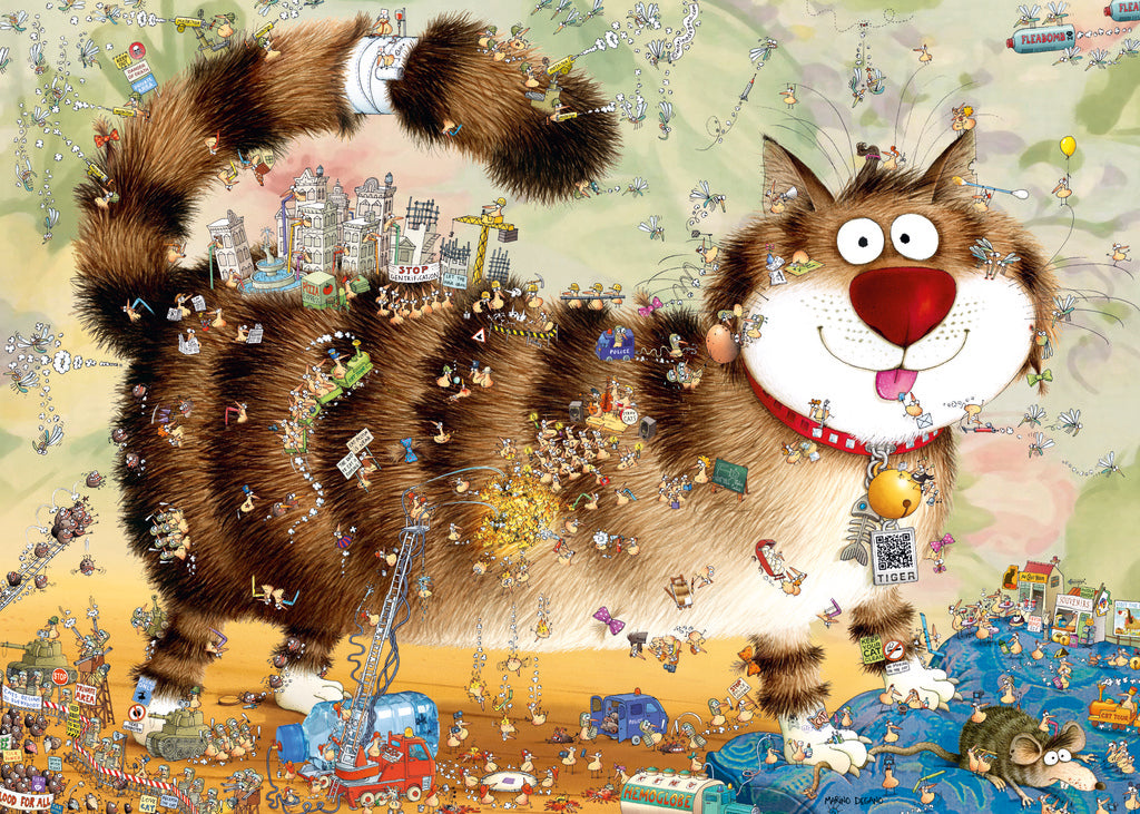 Heye At The Cat :A colorful 1000-piece jigsaw puzzle depicting a cartoon cat with a red tongue, surrounded by various everyday items such as a newspaper, books, and a cup.