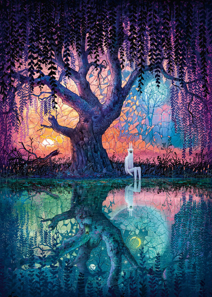 Heye Broken Worlds. A 1000 piece puzzle depicting a mystical scene with a white creature, a tree, and a colorful reflection in water.