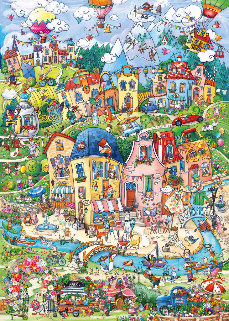 Heye Good Morning. A 1000 piece jigsaw puzzle depicting a colorful cartoon town with various characters and buildings.