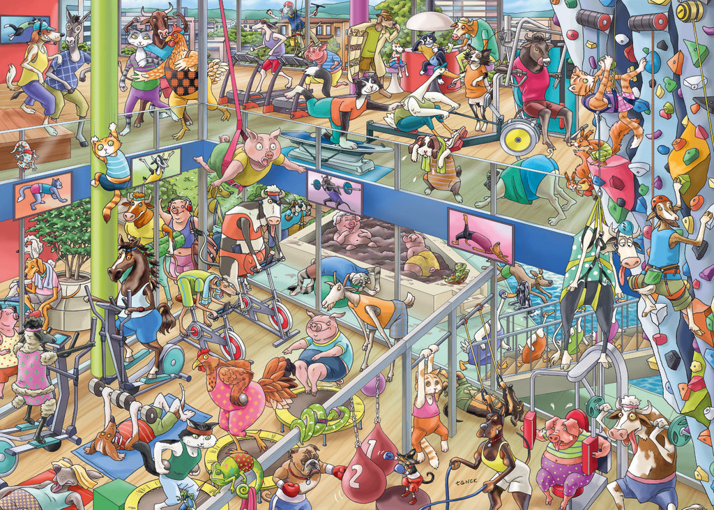 A Heye Pet Gym Triangular 1000 piece puzzle colorful illustration of various animals exercising in a gym setting, designed as a 1000 piece puzzle.