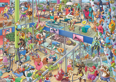 A Heye Pet Gym Triangular 1000 piece puzzle colorful illustration of various animals exercising in a gym setting, designed as a 1000 piece puzzle.