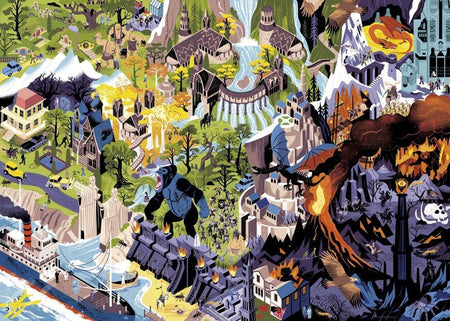 Heye Peter Jackson Films 1000 piece jigsaw puzzle. Colorful illustration of a fantastical landscape with various elements including buildings, trees, and creatures.