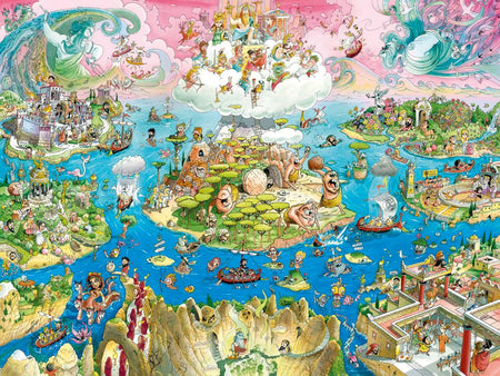 Heye Triangular Go Camping 1500 piece jigsaw puzzle : Colorful illustration of a fantasy world with various scenes and characters.