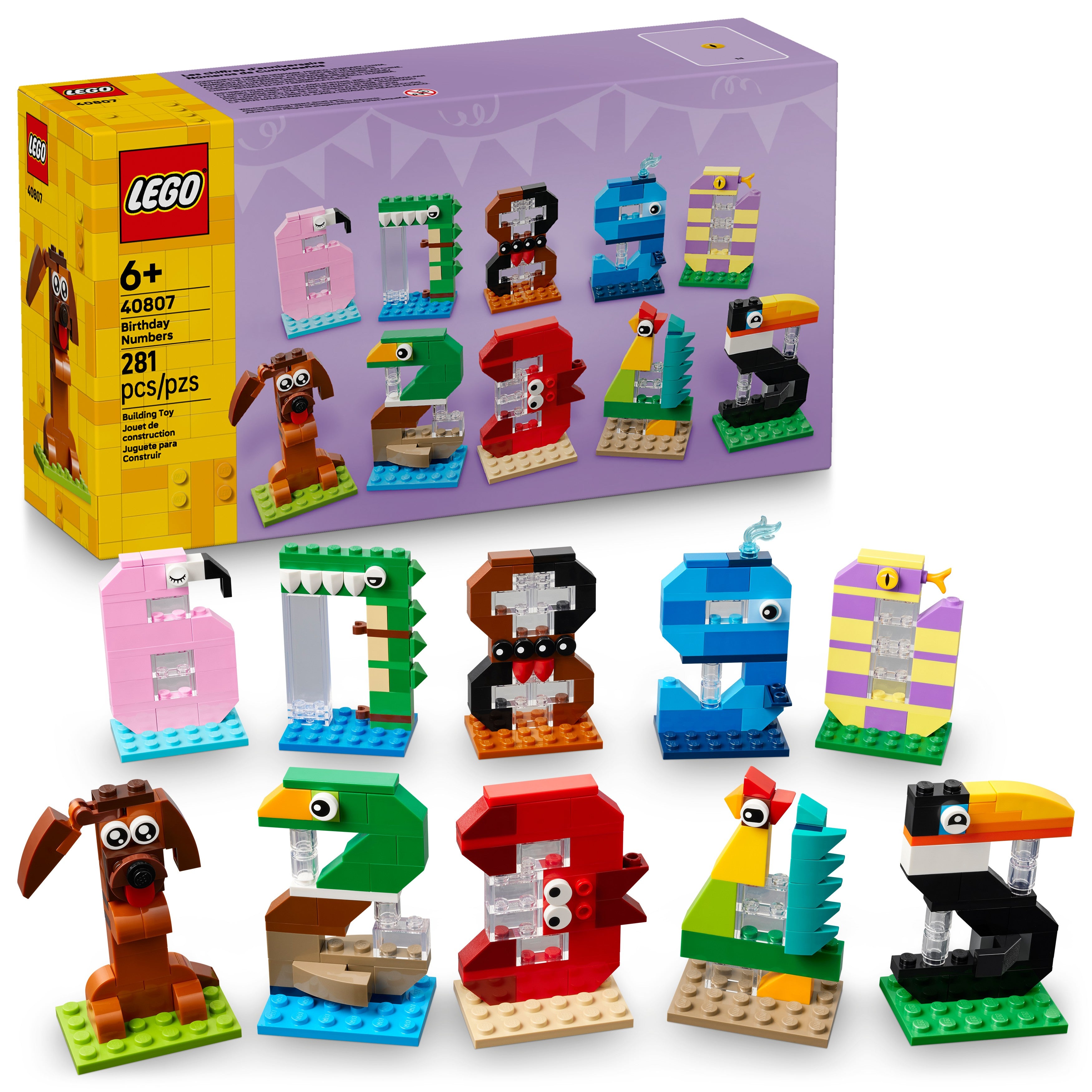 LEGO building blocks set with animal-themed numbers and letters on a white background 40807
