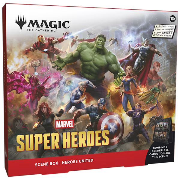 Marvel Super Heroes scene box for Magic: The Gathering featuring various superhero characters. heroes united