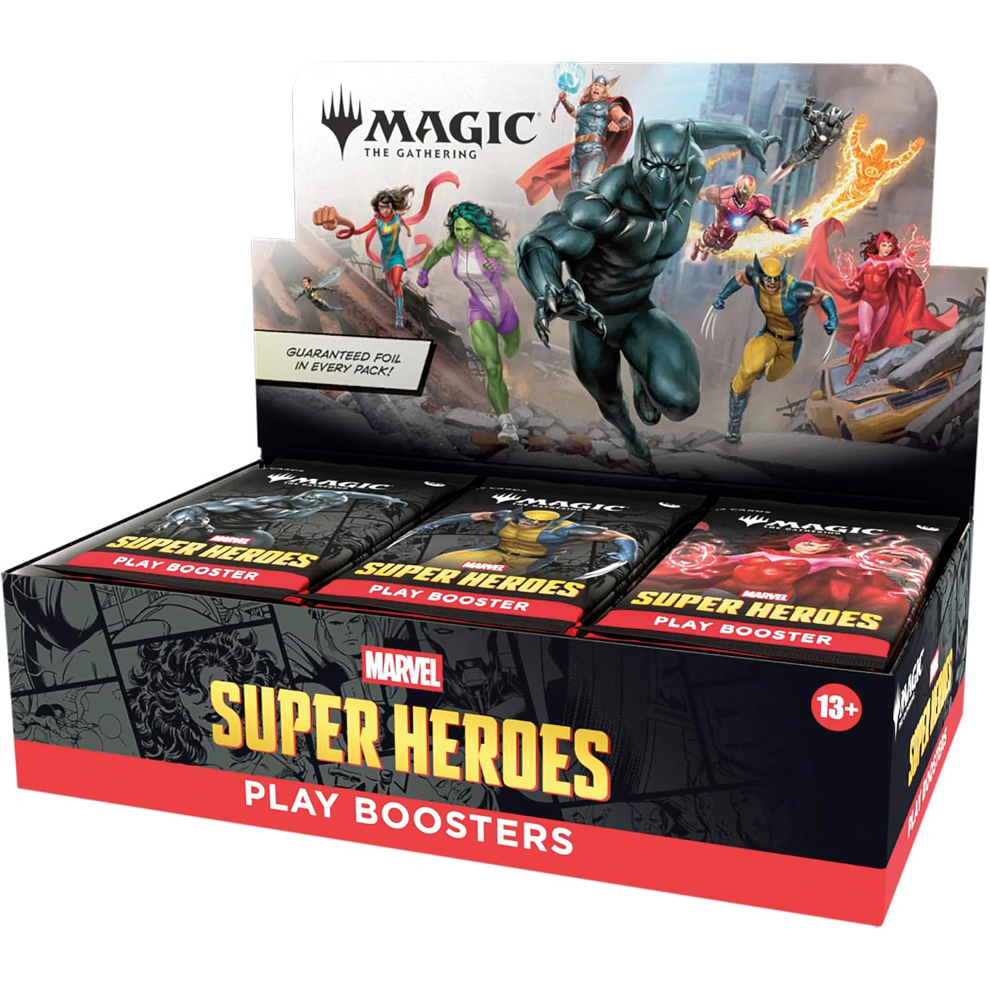Box of Marvel Super Heroes Play Boosters with character illustrations on a white background