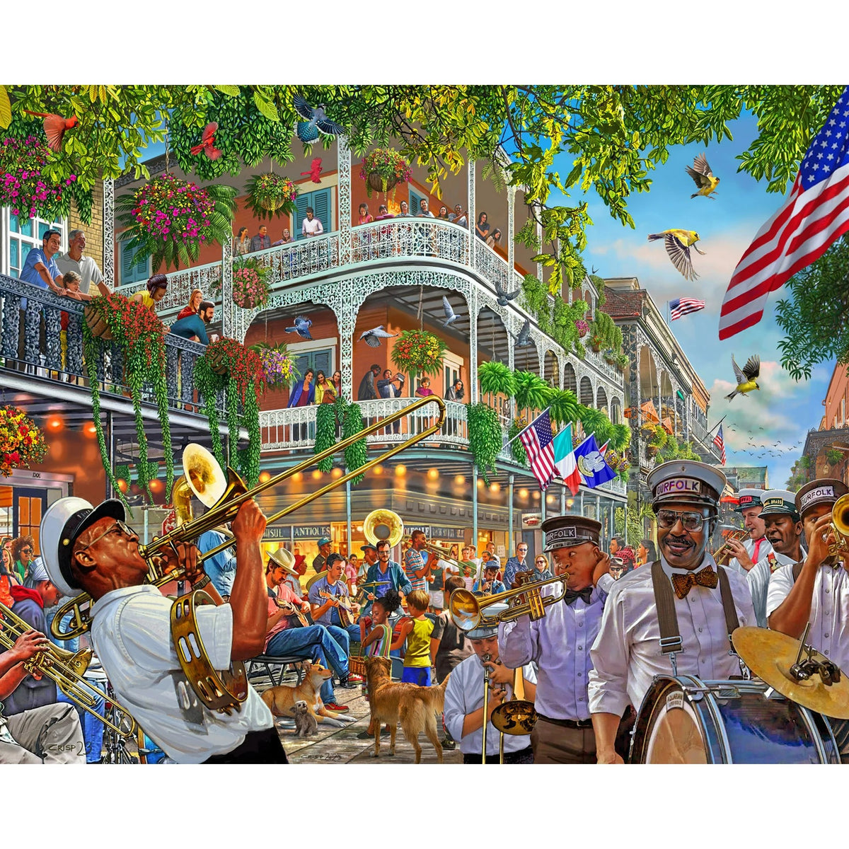 Vermont Christmas Company 1000-piece puzzle of a street scene in New Orleans with musicians playing instruments.