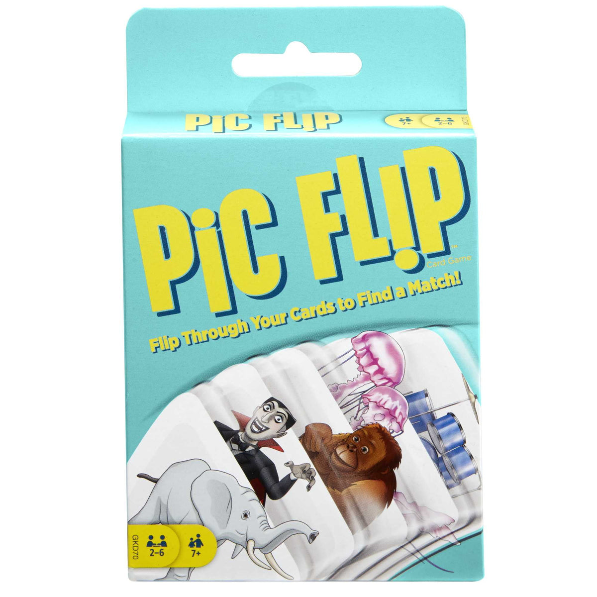 Pic Flip card game in its original packaging, featuring a light blue box with bold yellow text and an illustration of cartoon cards showing a vampire, lion, elephant, and jellyfish.