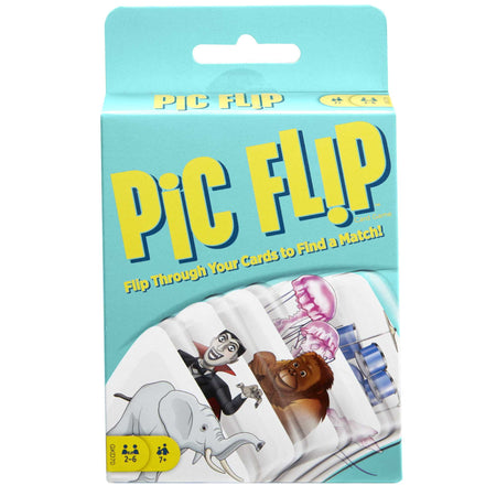 Pic Flip card game in its original packaging, featuring a light blue box with bold yellow text and an illustration of cartoon cards showing a vampire, lion, elephant, and jellyfish.