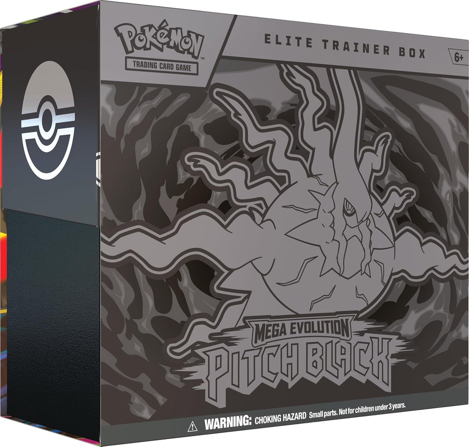 Pokémon Elite Trainer Box Mega Evolution Pitch Black trading card game box, featuring a dark gray and black design with a stylized Pitch Black illustration and the Pokémon logo.