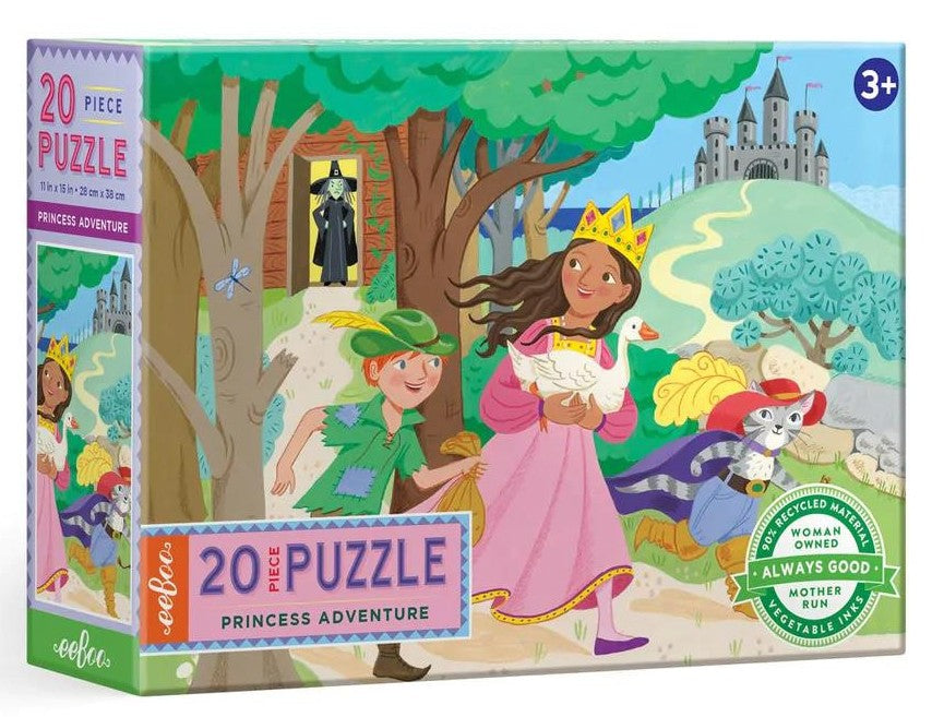 A colorful 20-piece jigsaw puzzle box titled 'Princess Adventure' by eeBoo. The box art features a cartoon princess in a pink dress with a gold crown, a green-robed knight, a white cat, and a castle in a forest setting.