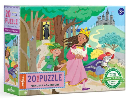 A colorful 20-piece jigsaw puzzle box titled 'Princess Adventure' by eeBoo. The box art features a cartoon princess in a pink dress with a gold crown, a green-robed knight, a white cat, and a castle in a forest setting.