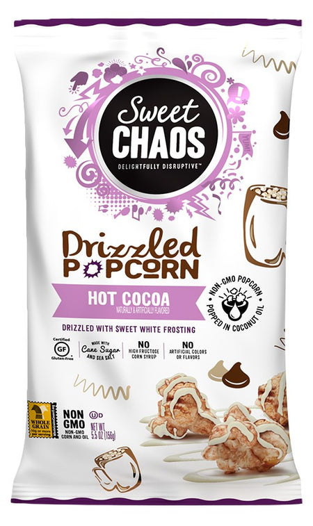 5.5 oz. Bag of Sweet Chaos Drizzled Popcorn Hot Cocoa flavor on a white background